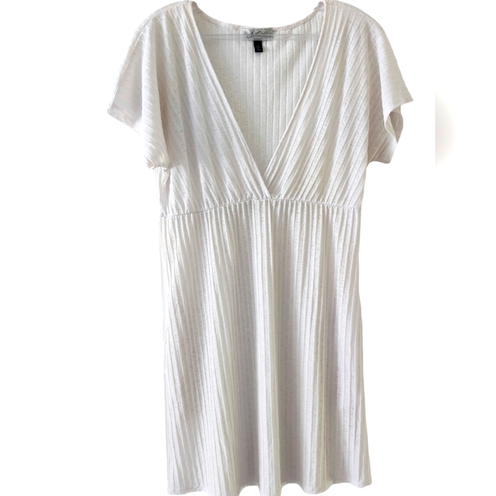 J VALDI White V Neck Ribbed Swimsuit Cover Up Size Med